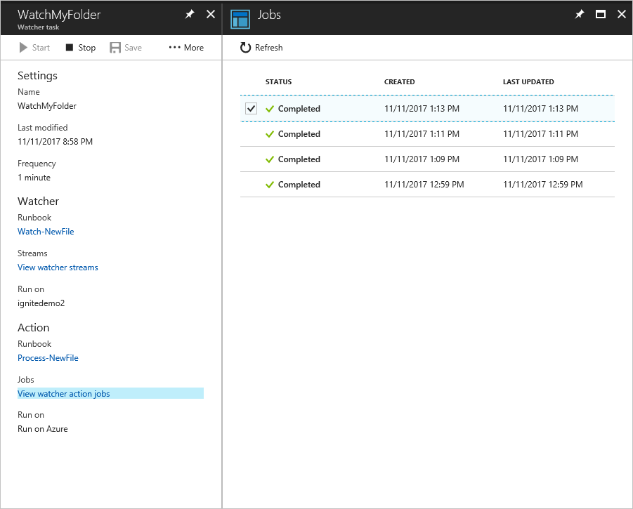 Screenshot of a watcher action jobs from the Azure portal.