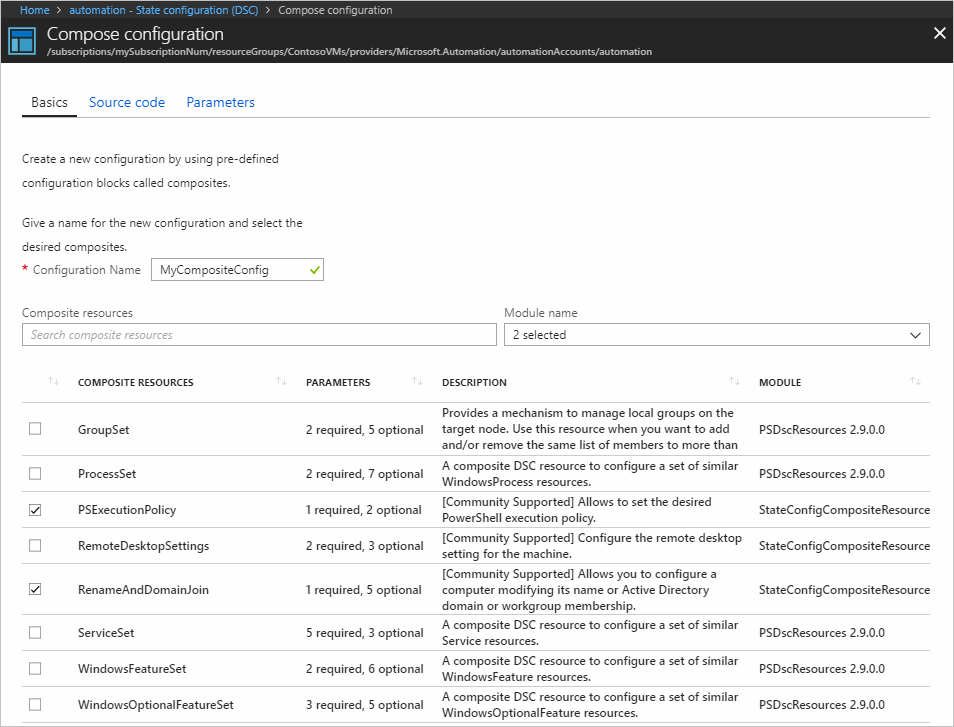 Captura de tela da etapa básica da página de configuração de composição