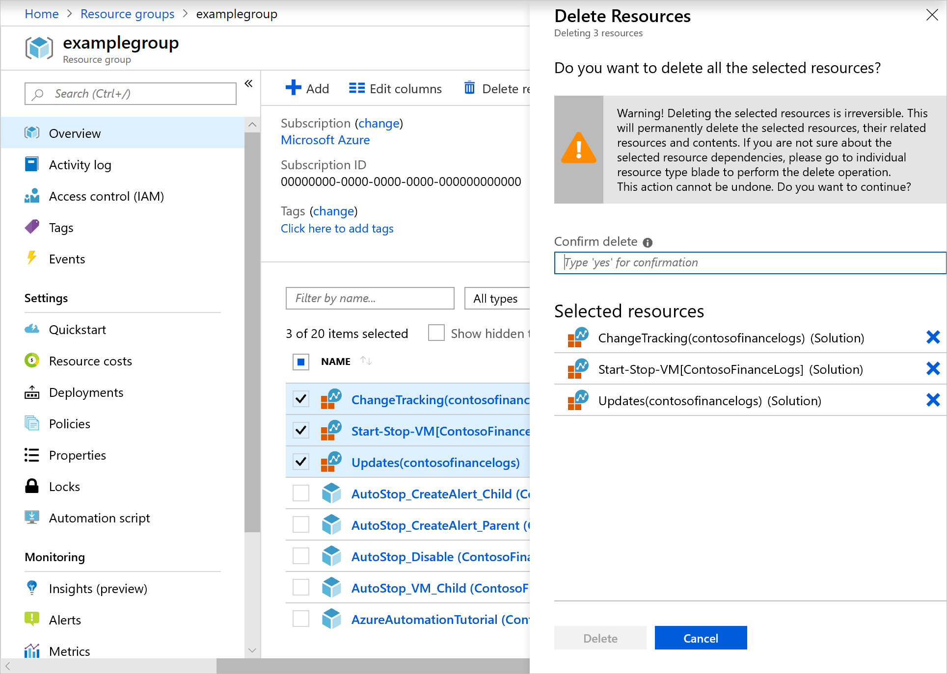 Captura de tela da exclusão de recursos do portal do Azure