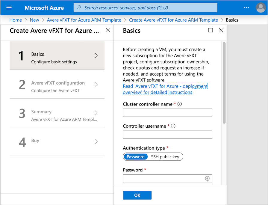 O Azure marketplace com a primeira página do modelo de implantação exibida