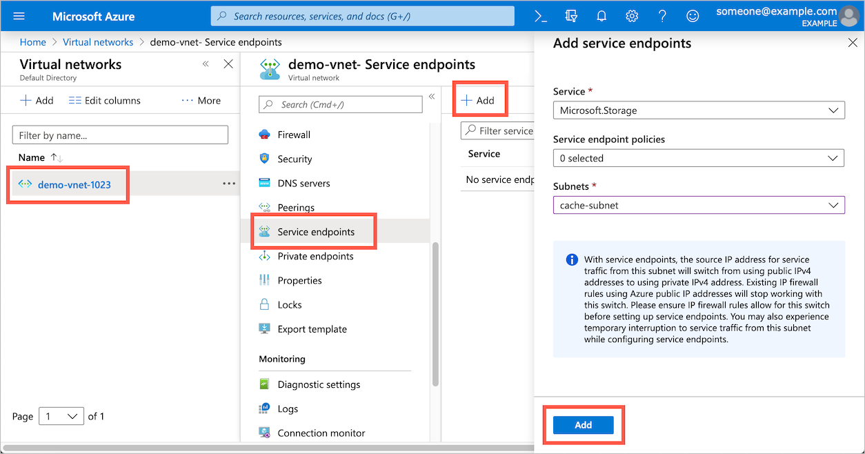 Captura de tela do portal do Azure com anotações para as etapas de criação de ponto de extremidade de serviço