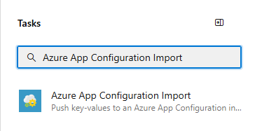 A captura de tela mostra a caixa de diálogo Adicionar tarefa com a importação de Configuração de Aplicativos do Azure na caixa de pesquisa.