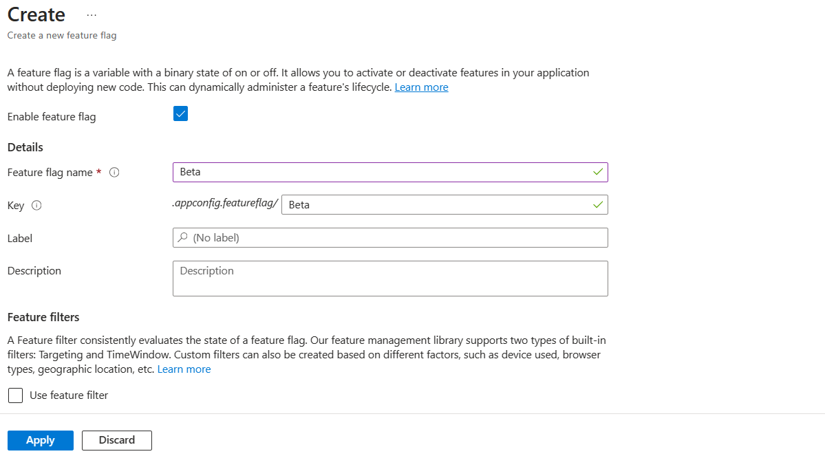 Captura de tela do portal do Azure que mostra as definições de configuração para criar um sinalizador de recurso.