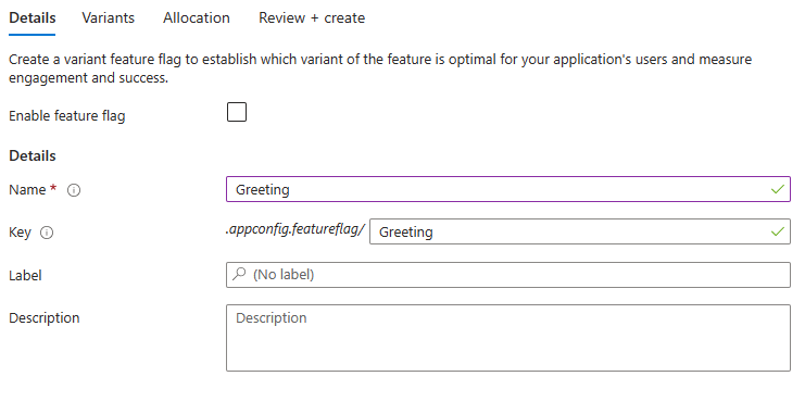 Captura de tela da plataforma do Azure mostrando os detalhes do sinalizador de recurso variante.