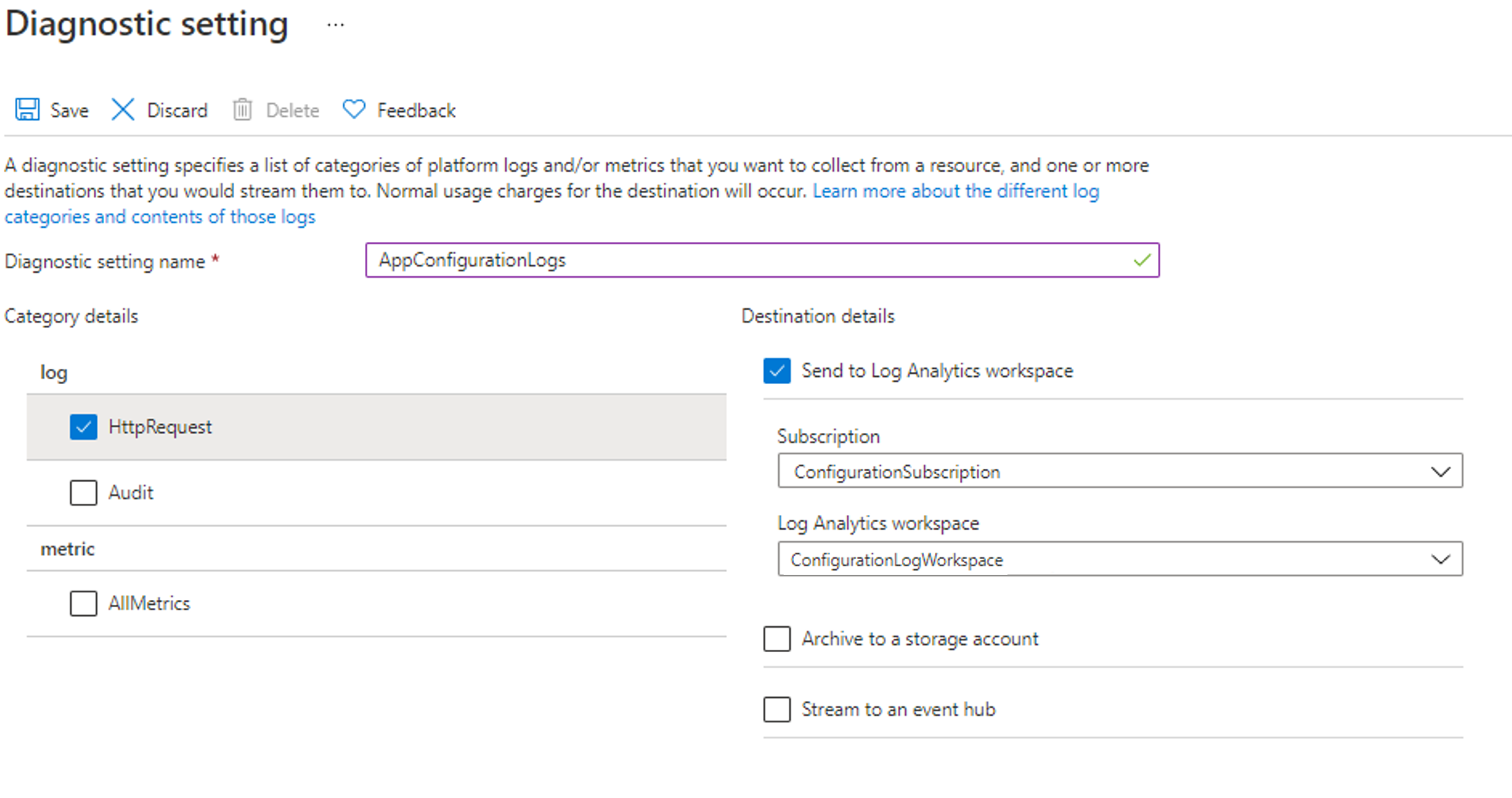 Detalhes das configurações de diagnóstico