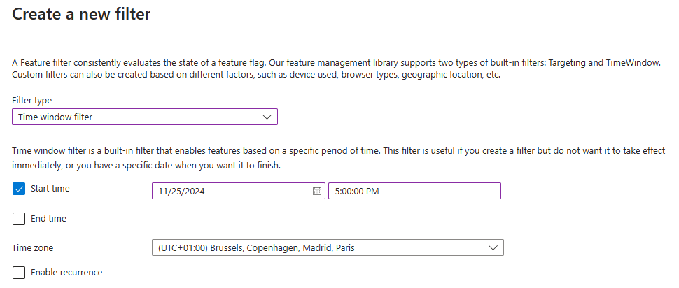 Captura de tela do portal do Azure mostrando a configuração do filtro de recursos da janela de tempo.