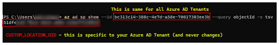 Uma captura de tela de um terminal do PowerShell que mostra az ad sp show --id <>.