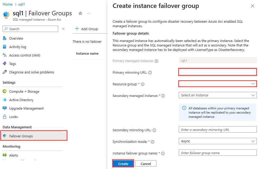 Captura de tela do portal do Azure para criar controle de grupo de failover de instância.