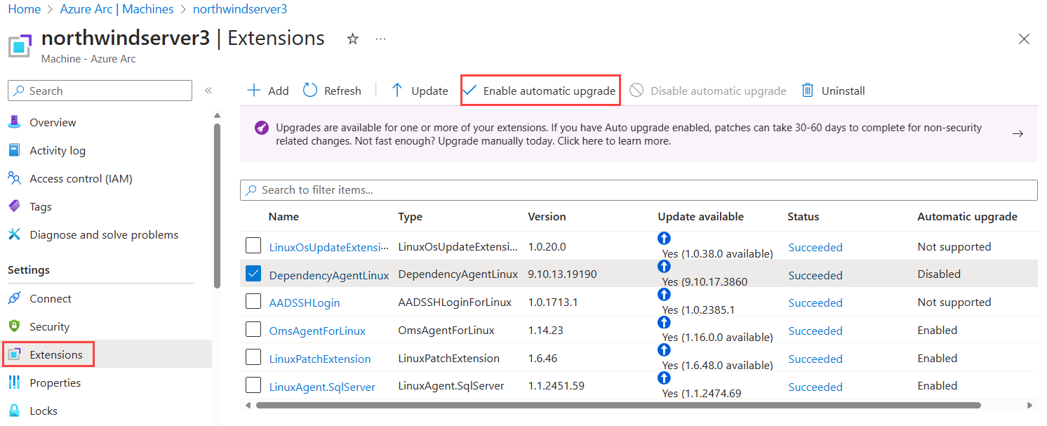 Captura de tela de um servidor habilitado para o Azure Arc no portal do Azure mostrando para onde navegar até extensões.