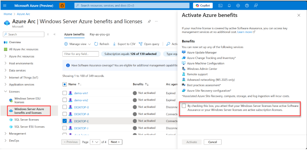 Captura de tela do portal do Azure mostrando os benefícios do Windows Server e as licenças com benefícios pop-up.