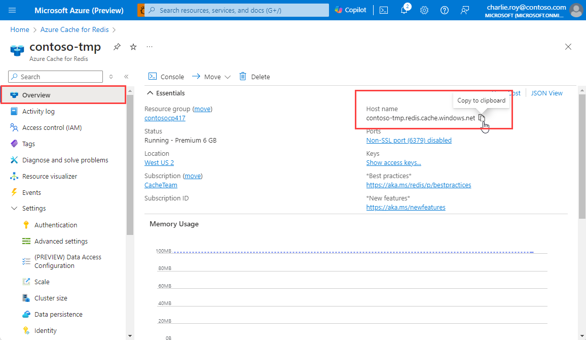 Captura de tela que mostra como encontrar e copiar o nome do host e as portas para uma instância do Cache do Azure para Redis.