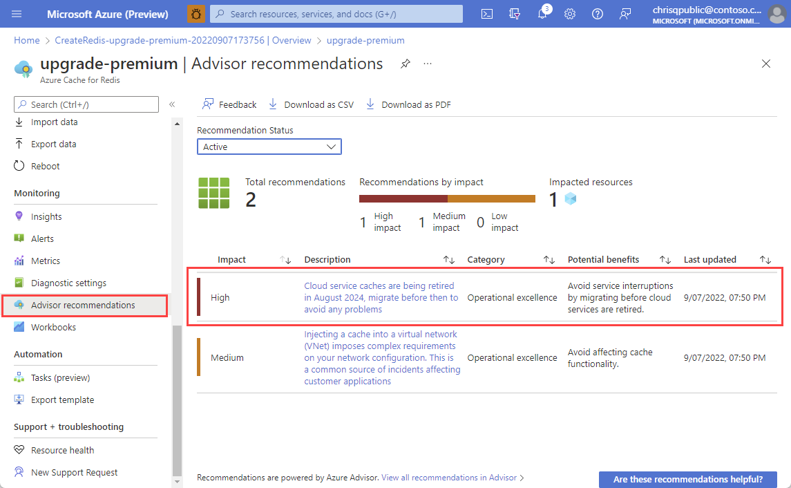 Captura de tela mostrando a recomendação do Assistente para migrar o cache dos serviços de nuvem.