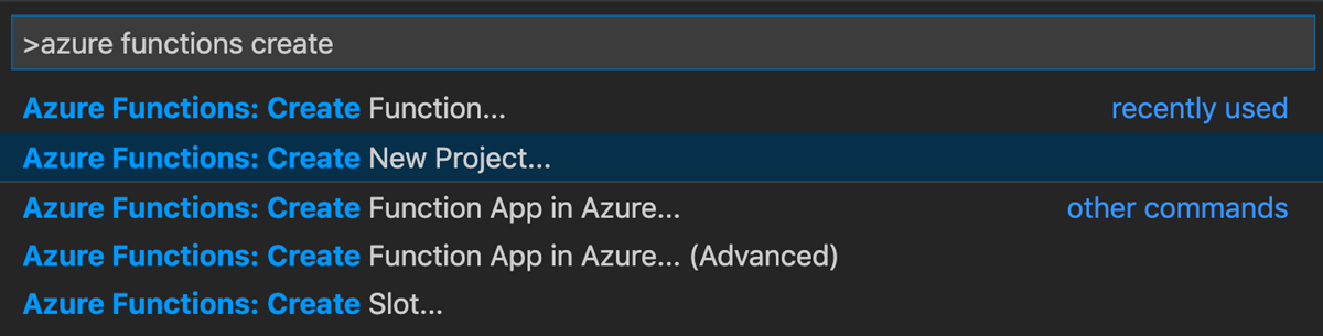 Captura de tela que mostra a paleta de comandos do Visual Studio Code com o comando Criar Novo Projeto do Azure Functions destacado.