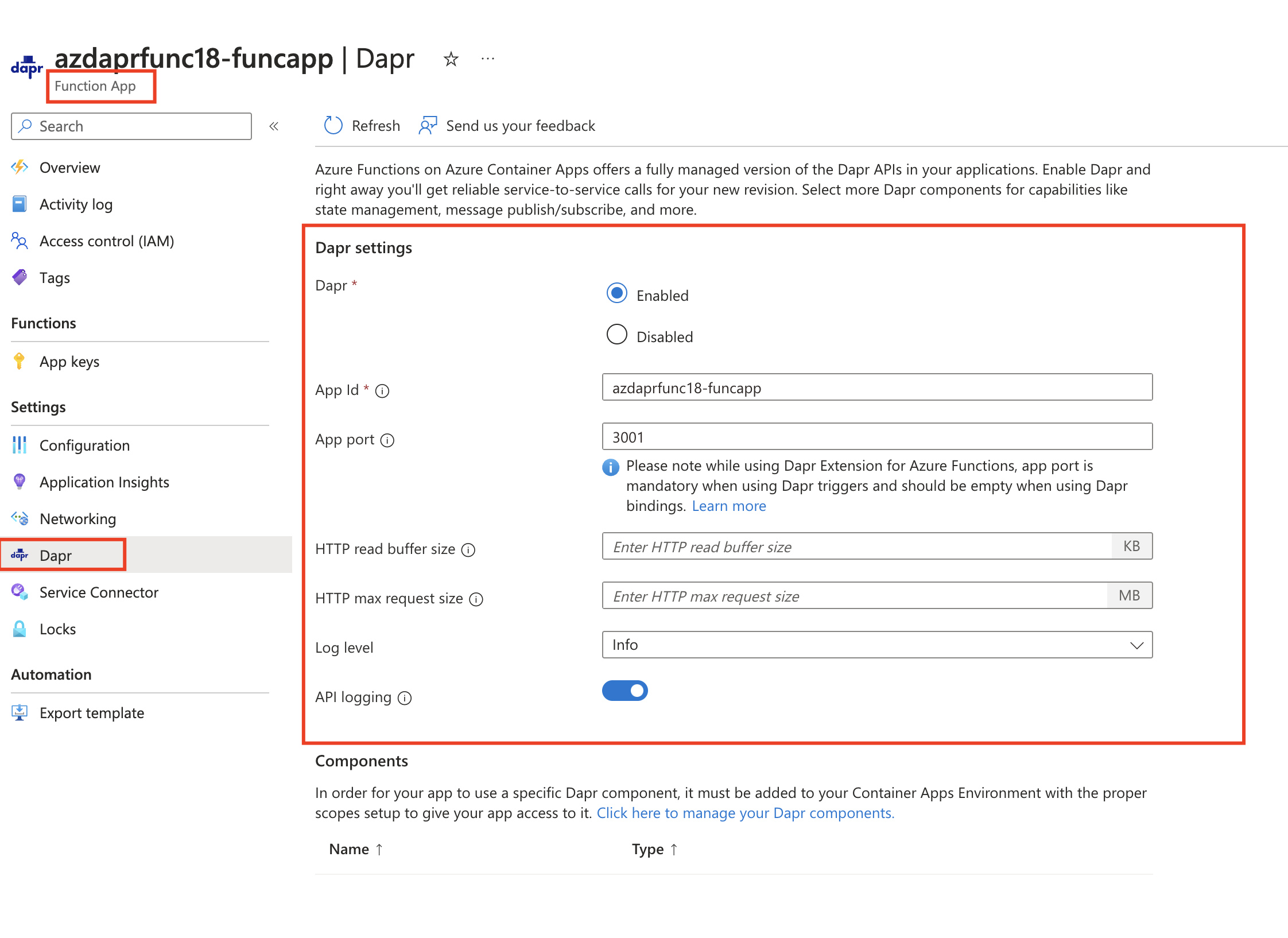 Captura de tela demonstrando onde localizar a habilitação do Dapr para um Aplicativo de Funções no portal do Azure.