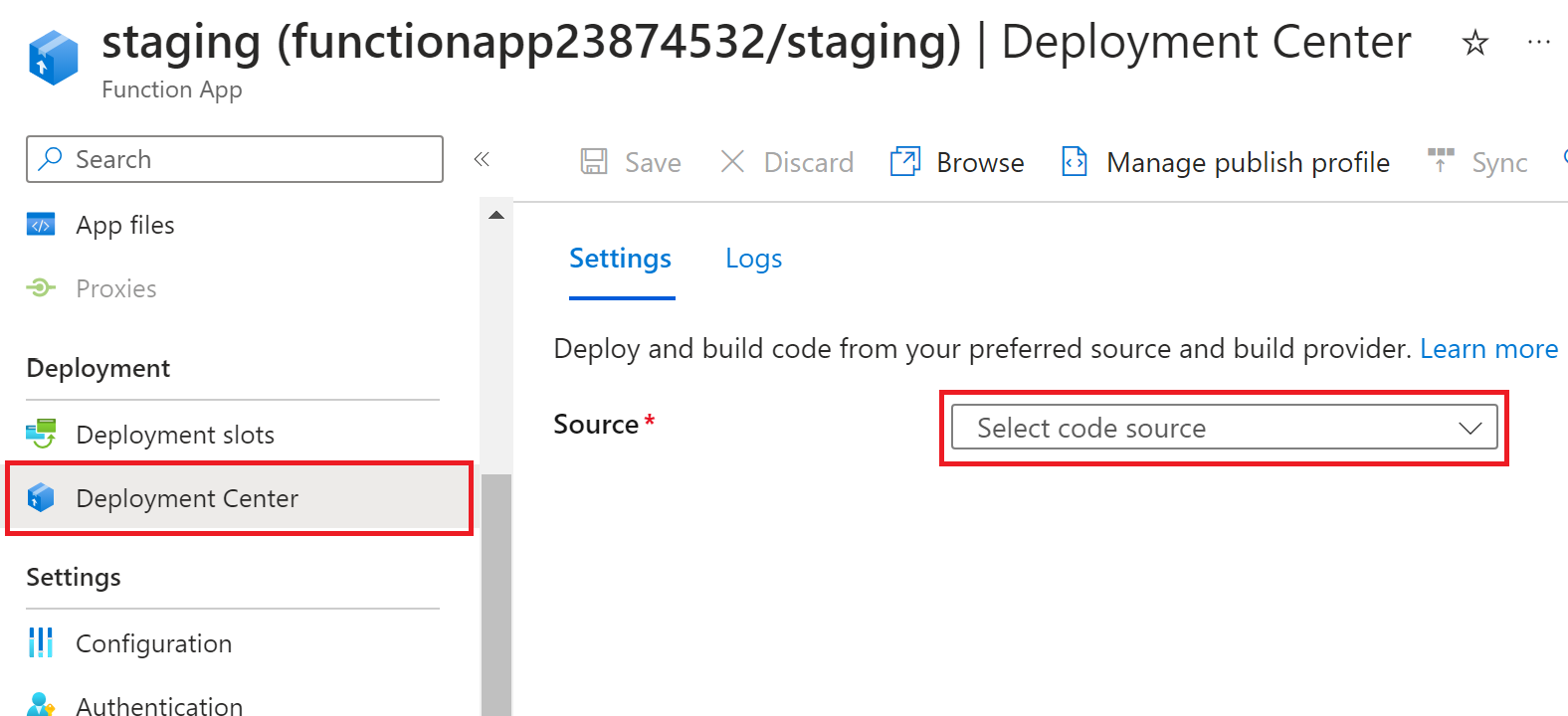 Captura de tela do Centro de implantação do aplicativo de funções no portal do Azure em que você escolhe seu repositório de origem.