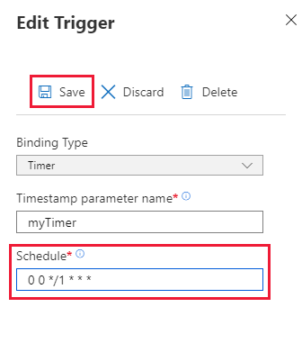 Captura de tela da página Atualizar agendamento do temporizador de função no portal do Azure.