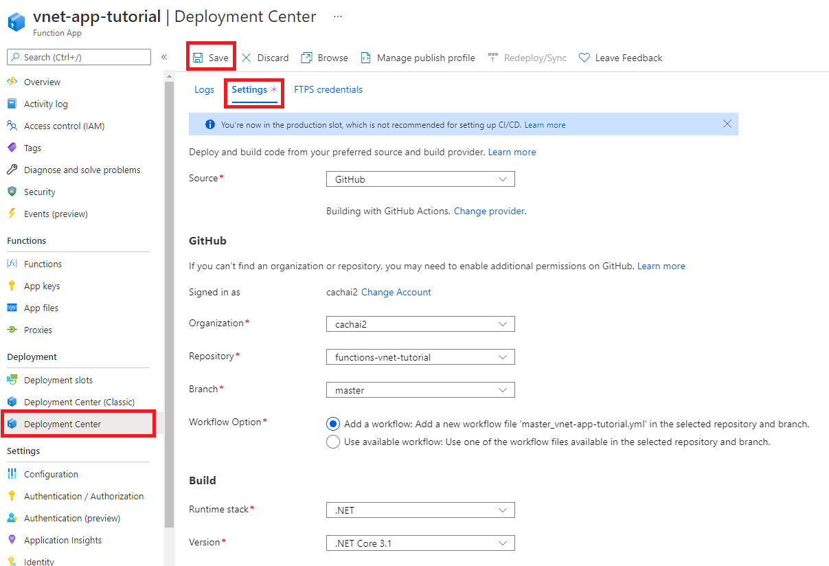 Captura de tela de como implantar o código do Azure Functions por meio do portal.