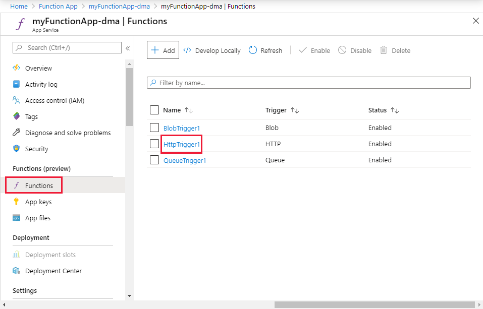 Selecionar a função Http no portal do Azure.