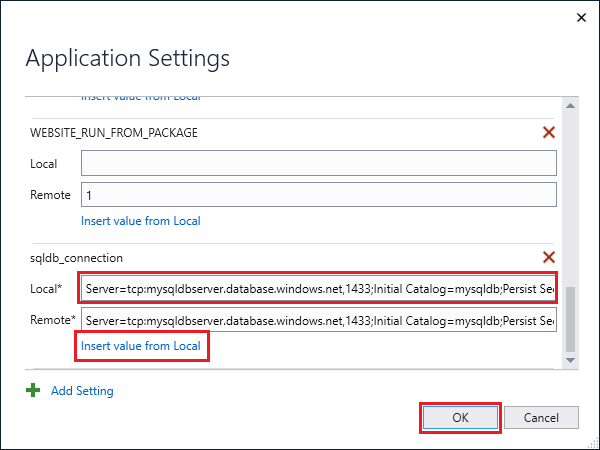 Adicione uma configuração de cadeia de conexão SQL.