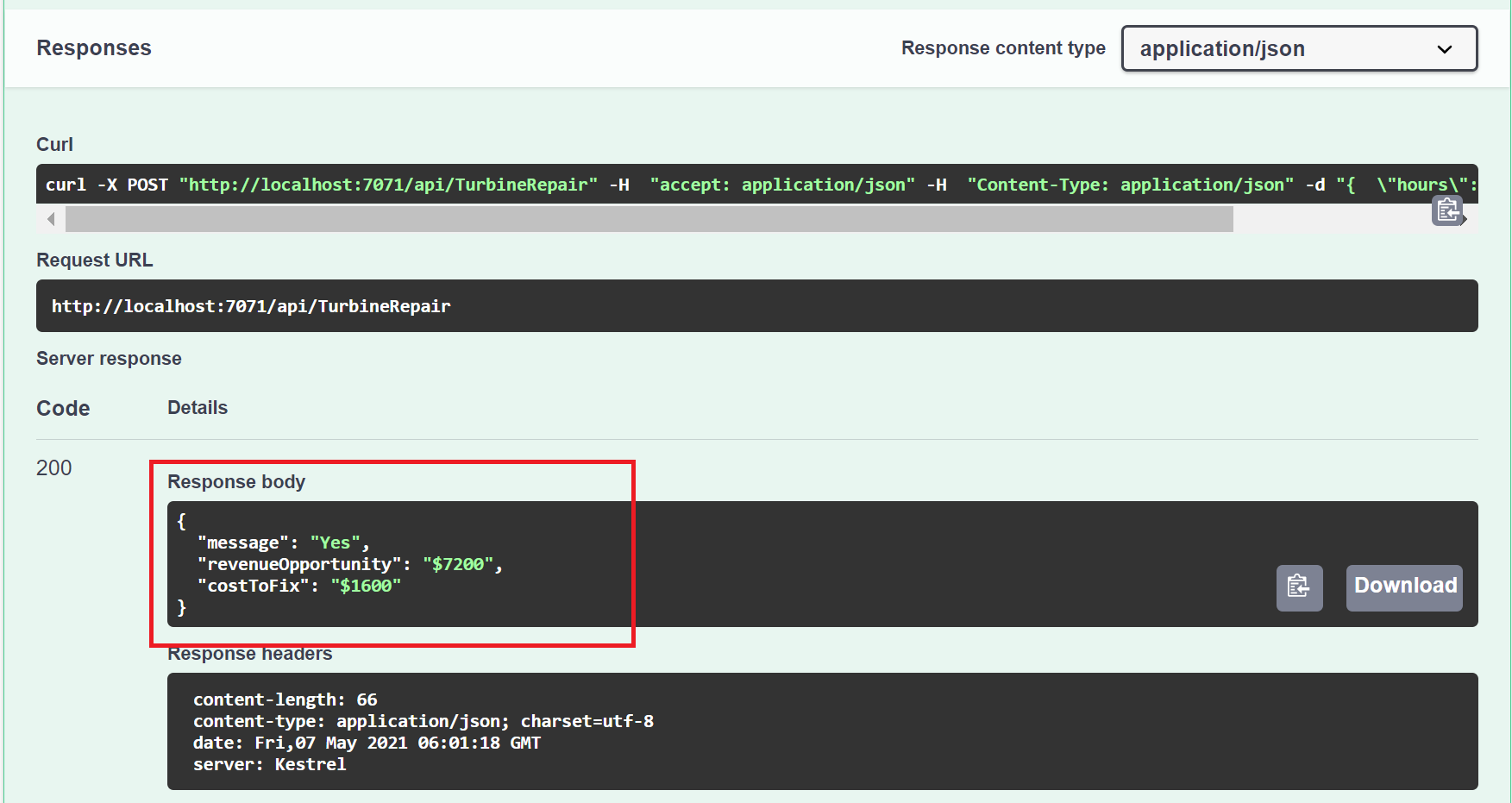 Dados JSON de resposta da função TurbineRepair.