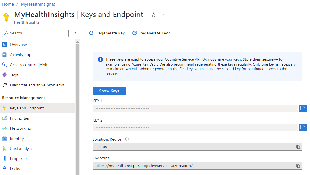 Captura de tela das chaves e pontos de extremidade para o Radiology Insights.