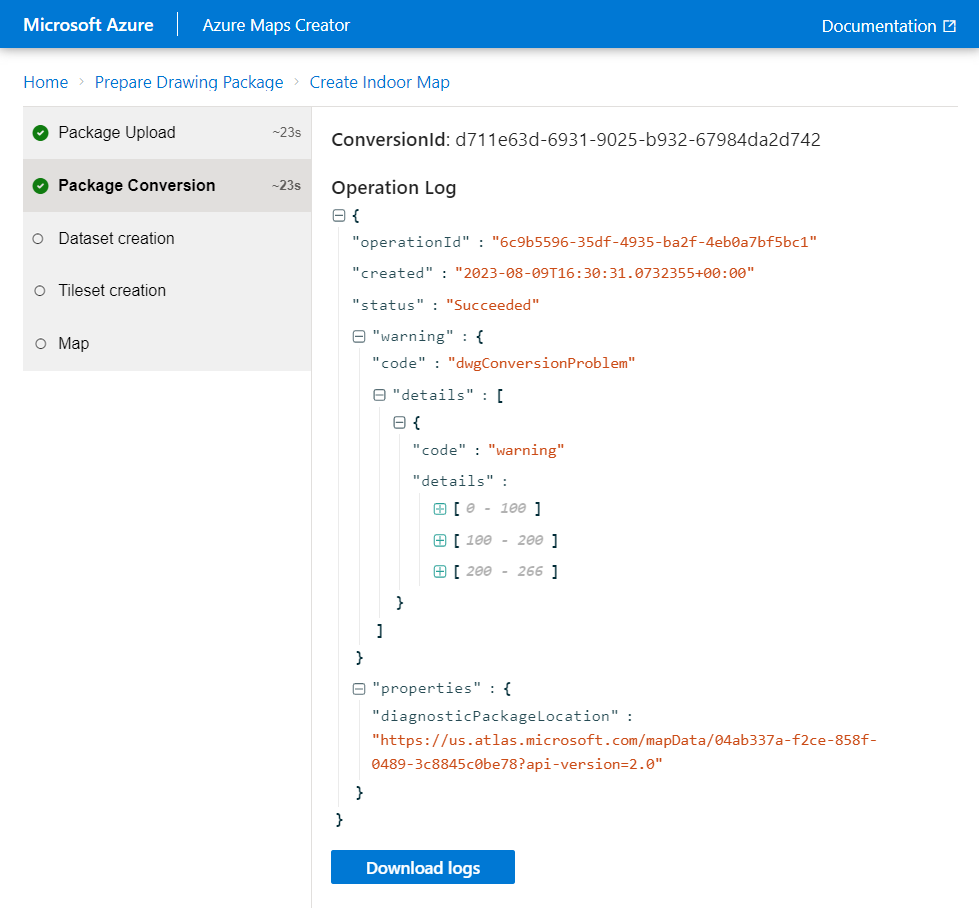 Captura de tela mostrando a tela de conversão de pacote da ferramenta de integração do Criador do Azure Mapas, incluindo o valor da ID de Conversão.