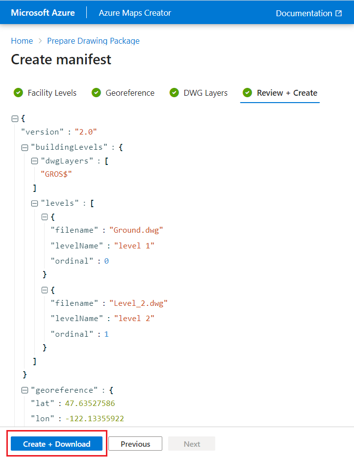 Captura de tela mostrando a tela Examinar + Criar da ferramenta de integração do Azure Mapas, com o botão Criar + Baixar realçado.