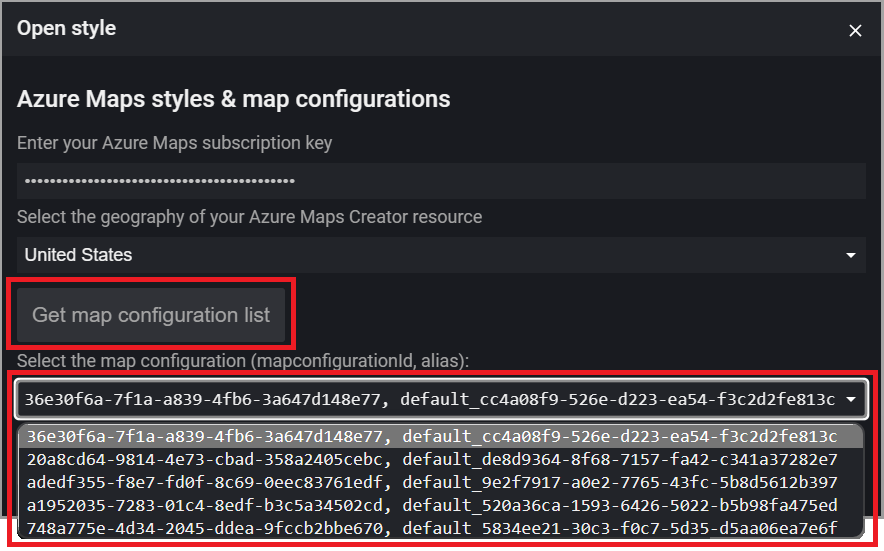 Uma captura de tela da caixa de diálogo Abrir estilo no editor de estilo visual com a lista suspensa Selecionar configuração de mapa realçada.