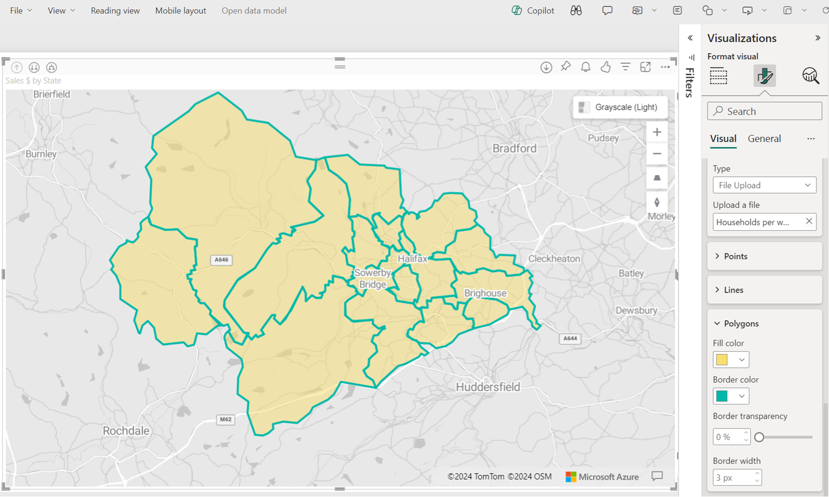 Um mapa exibindo a funcionalidade de personalização de estilo da camada de referência por meio do painel de formatação.