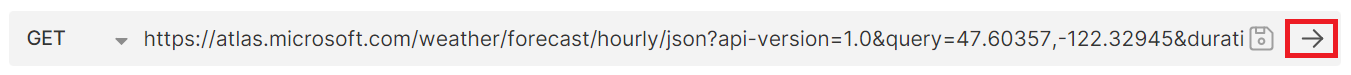 Uma captura de tela mostrando o URL de solicitação de dados de previsão do tempo por hora com o botão “Executar” realçado no aplicativo bruno.