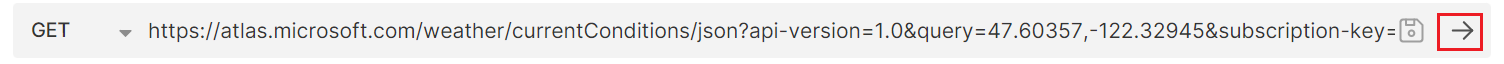 Uma captura de tela mostrando o URL de solicitação de dados meteorológicos em tempo real com o botão “Executar” realçado no aplicativo bruno.