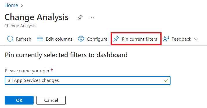 Captura de tela da seleção do botão Fixar filtros atuais na Análise de alterações.