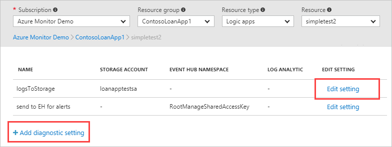 Captura de tela que mostra a adição de uma configuração de diagnóstico para configurações existentes.