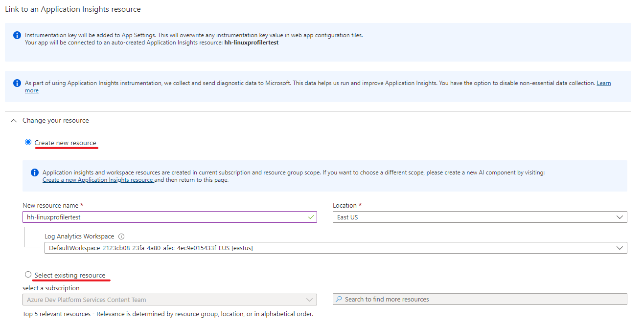Captura de tela da vinculação do seu Application Insights a um recurso novo ou existente.