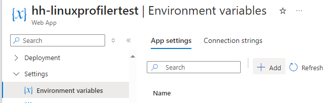 Captura de tela que mostra a adição de uma nova configuração de aplicativo no painel Variáveis ​​de ambiente.