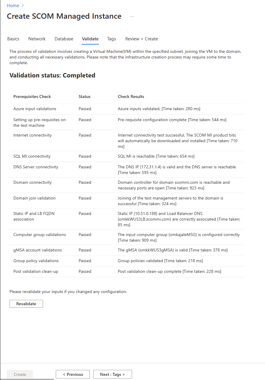 Captura de tela que mostra o status de validação: Concluído.