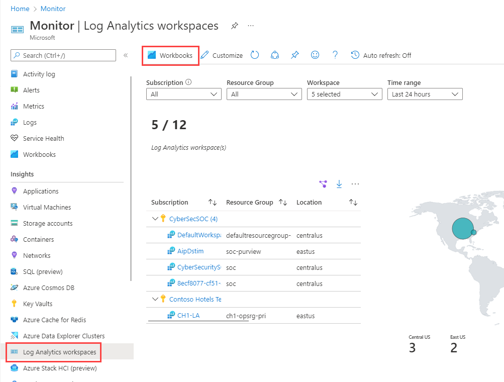 Captura de tela das Pastas de Trabalho na página dos workspaces do Log Analytics.