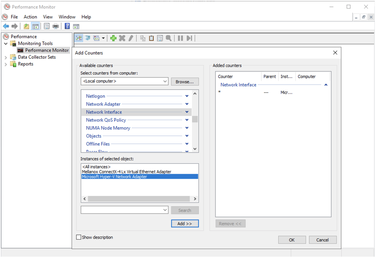 A captura de tela mostra a interface Adicionar contador do Monitor de Desempenho.