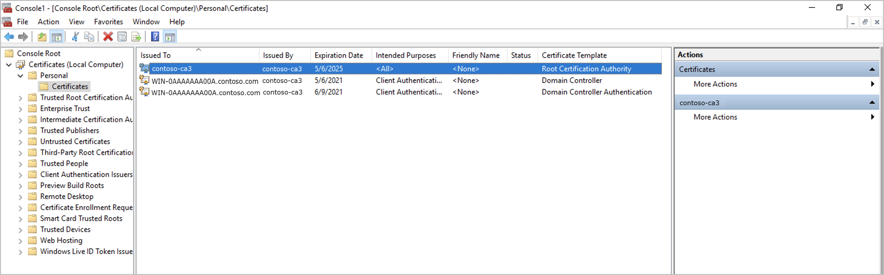 Captura de tela que mostra os certificados pessoais.