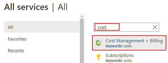 Captura de tela mostrando uma pesquisa em “Todos os serviços” no portal do Azure.