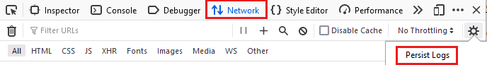 Captura de tela da configuração de “Rede” de “Persistir logs”.