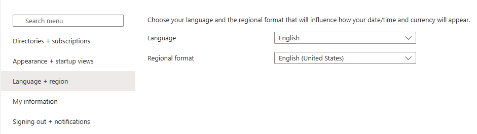 Captura de tela mostrando o painel de configurações Idioma + Região.