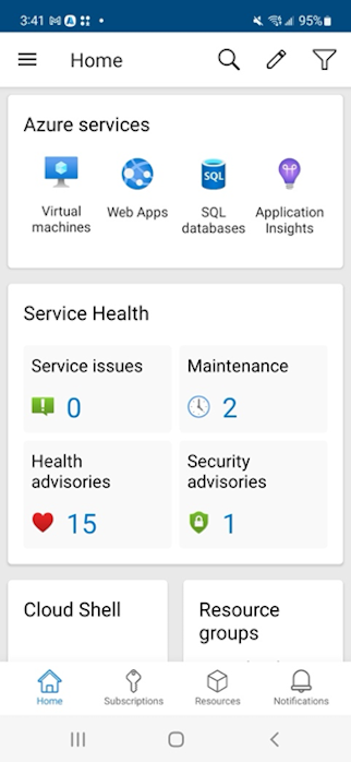 Captura de tela da tela inicial do aplicativo móvel do Azure com cartões de exibição em uma nova ordem.