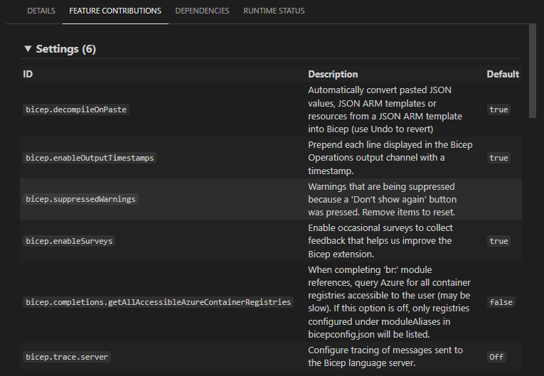 Captura de tela das configurações de extensão Bicep.