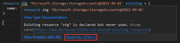 Uma captura de tela usando a Correção Rápida para a regra de linter no-unused-existing-resources.