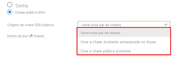 Captura de tela do elemento da interface do usuário de combinação de credenciais com opções para a chave pública SSH Linux.