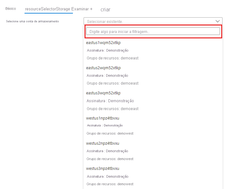 Captura de tela da lista de seletor de recurso de todas as contas de armazenamento em uma assinatura.