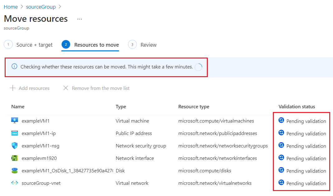 Captura de tela do portal do Azure mostrando o processo de validação para a operação de movimentação.