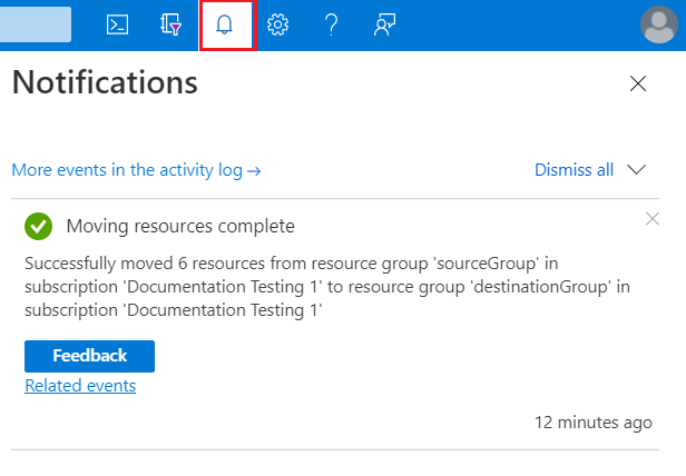 Captura de tela do portal do Azure exibindo uma notificação com os resultados da operação de movimentação.