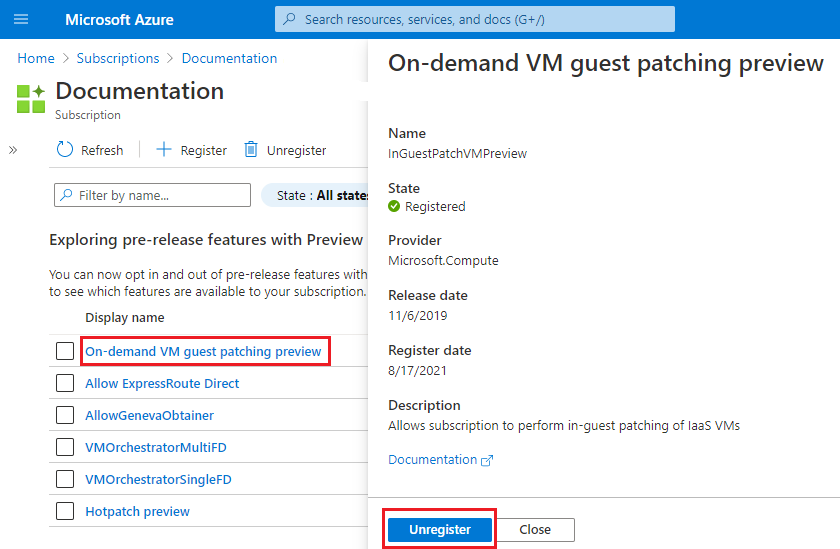 Captura de tela do portal do Azure com o botão Cancelar registro para uma versão prévia do recurso.